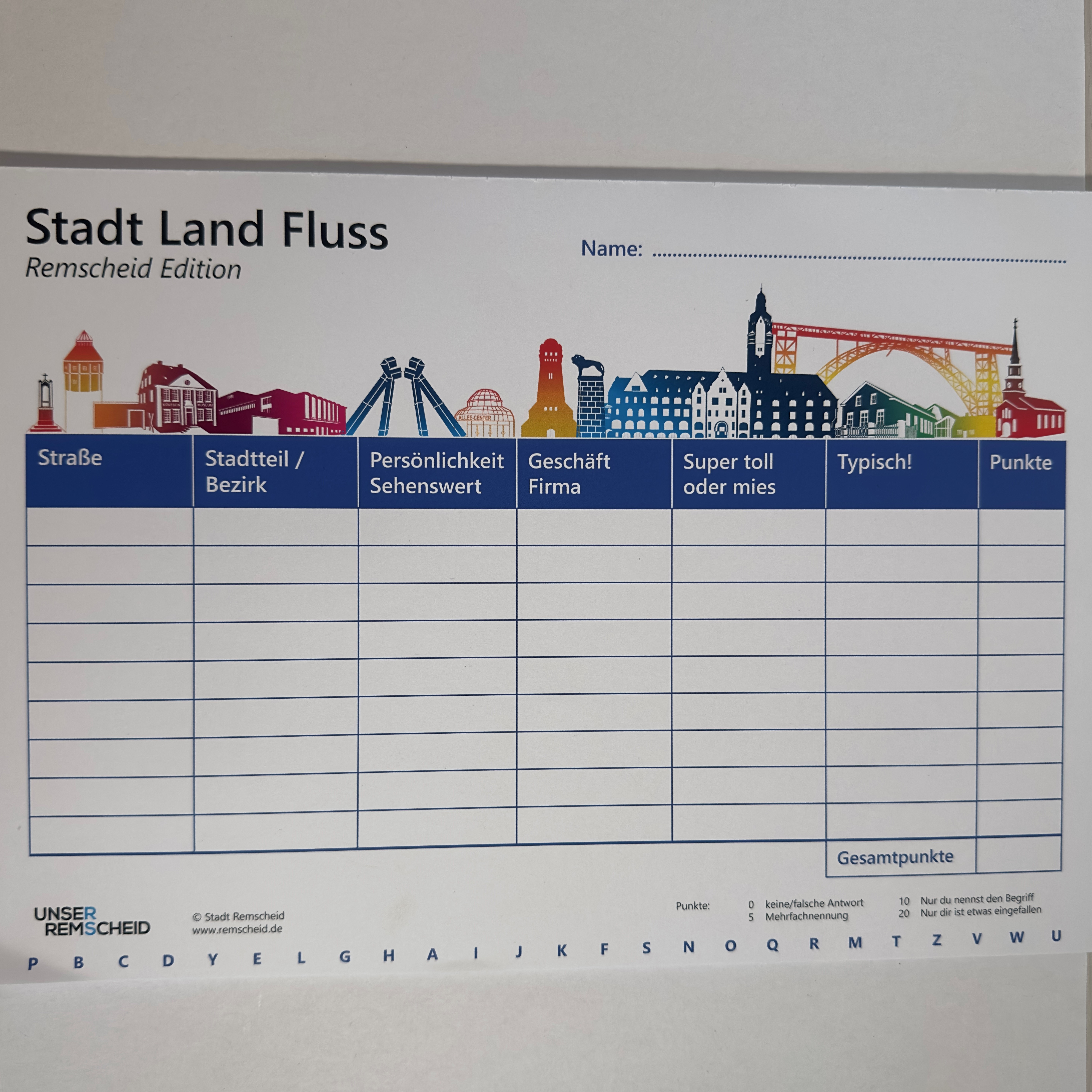 Spielblock Stadt Land Fluss, Remscheid Edition